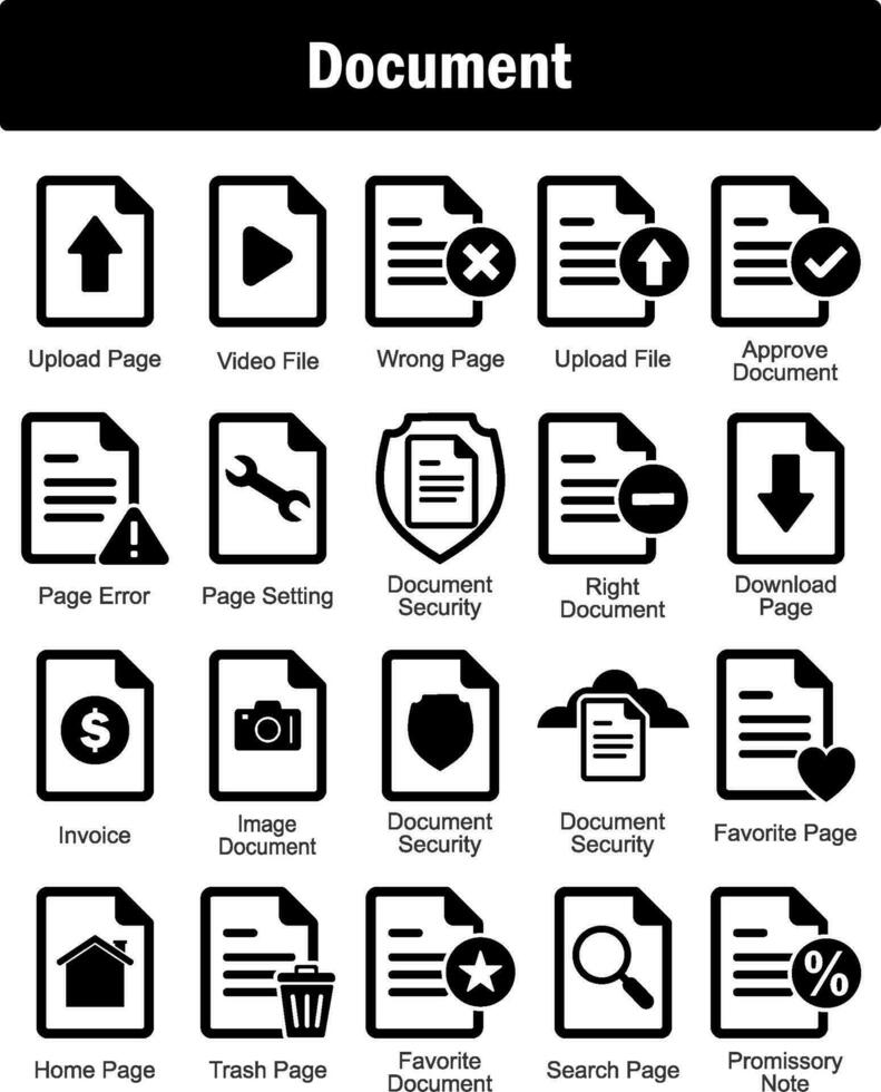 un conjunto de 20 documento íconos como subir página, vídeo archivo, incorrecto página vector