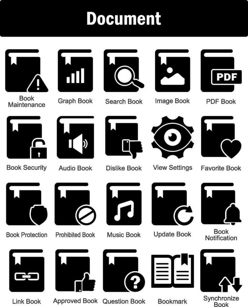 A set of 20 Document icons as book maintenance, graph book, search book vector