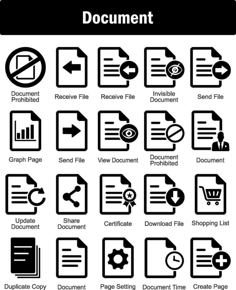 A set of 20 Document icons as document prohibited, receive file, invisible document vector