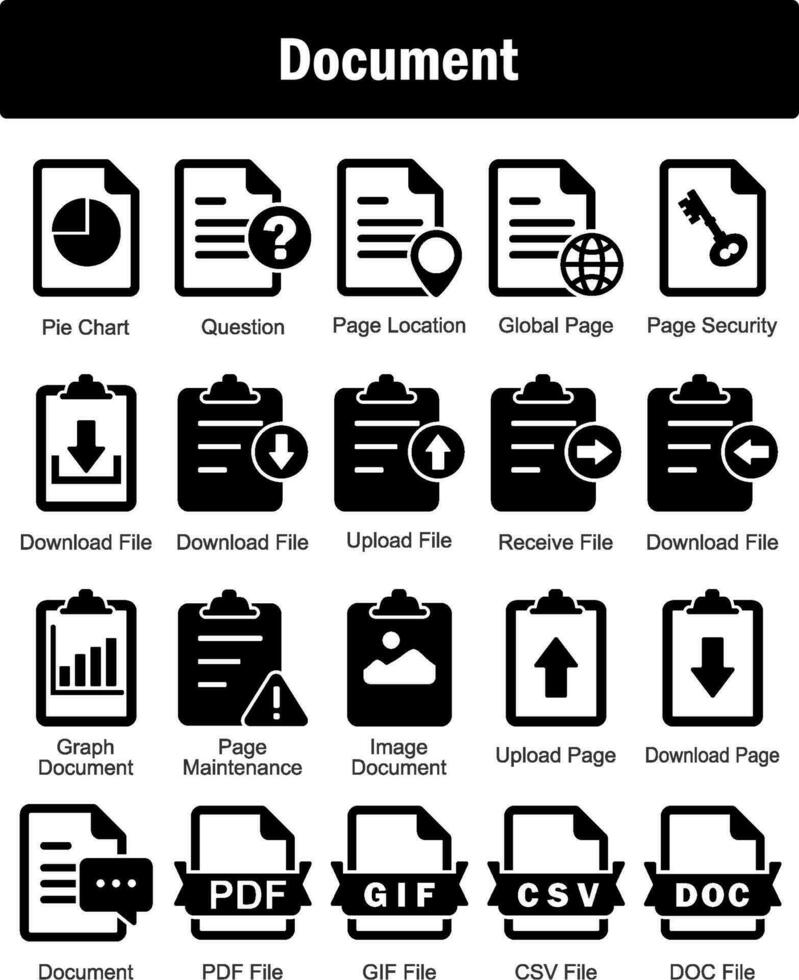 un conjunto de 20 documento íconos como tarta cuadro, pregunta, página ubicación vector