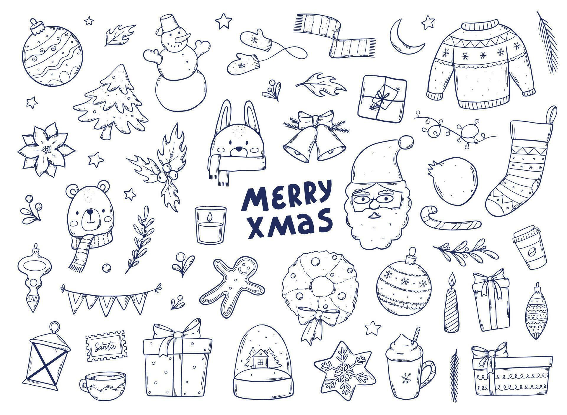 Christmas doodles set clip art cartoon elements collection isolated