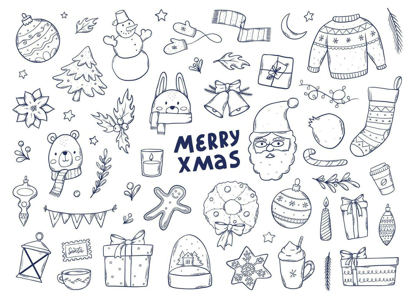 Christmas doodles set, clip art, cartoon elements collection isolated on white background for prints, stickers, cards, scrapbooking, stationary, sublimation, coloring pages, etc. EPS 10 vector