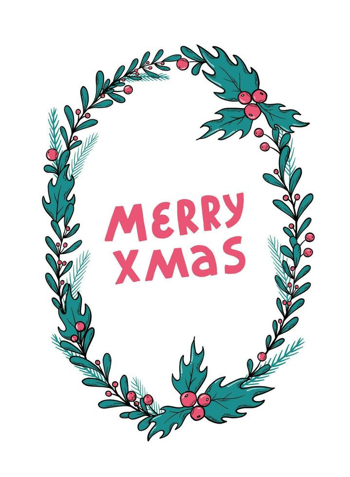 Merry Xmas lettering quote decorated with floral wreath for cards, posters, prints, invitations, templates, banners, social media, etc. EPS 10 vector