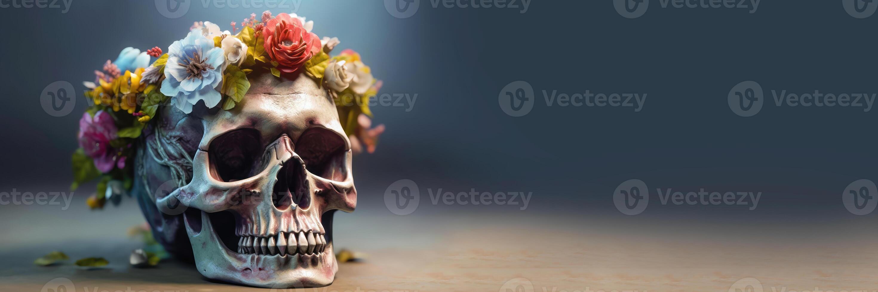 Day of the Dead Skull with Flower Garland - Festive Design Theme - Generative AI photo