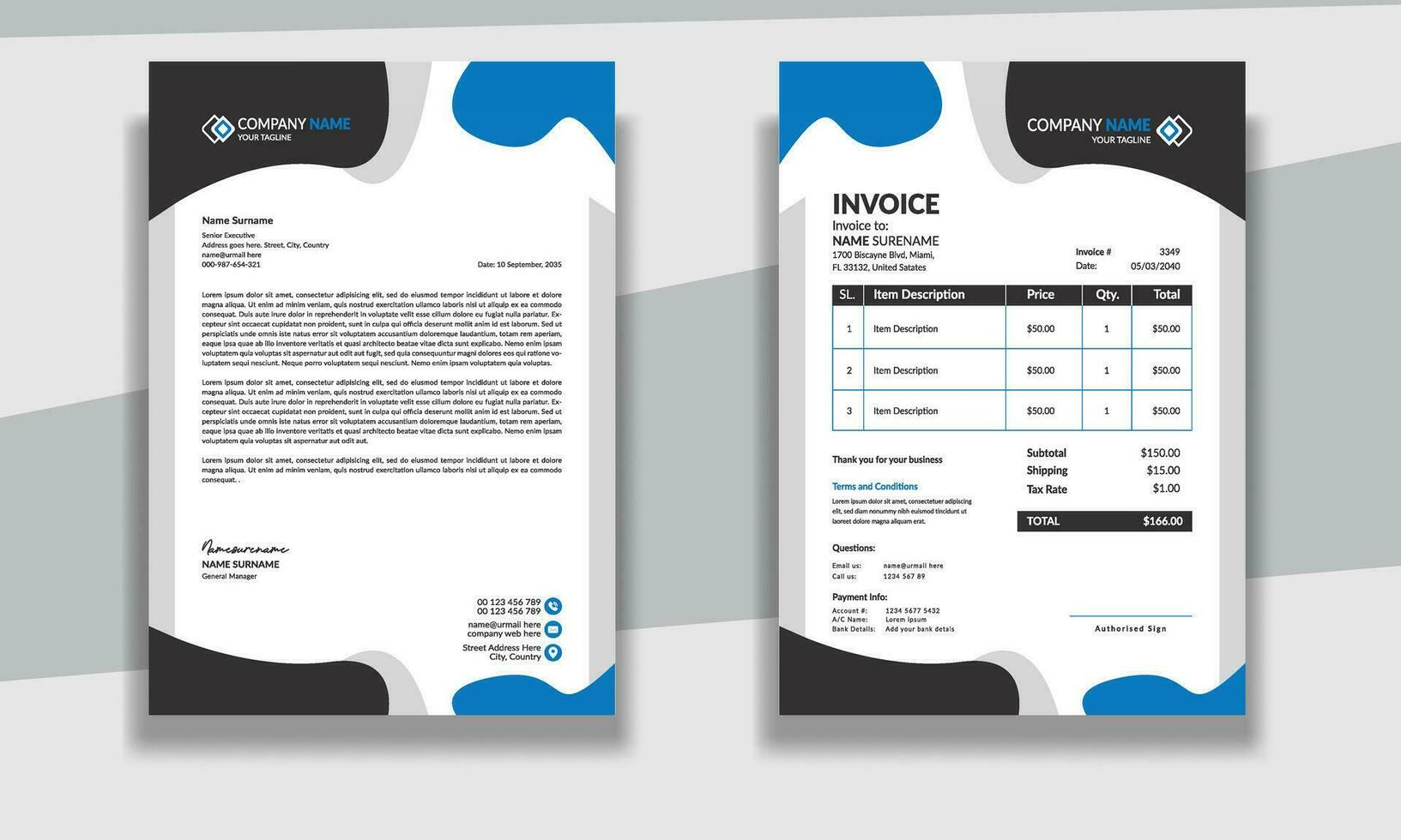 Professional Corporate modern clean Business stationery letterhead and invoice design template vector