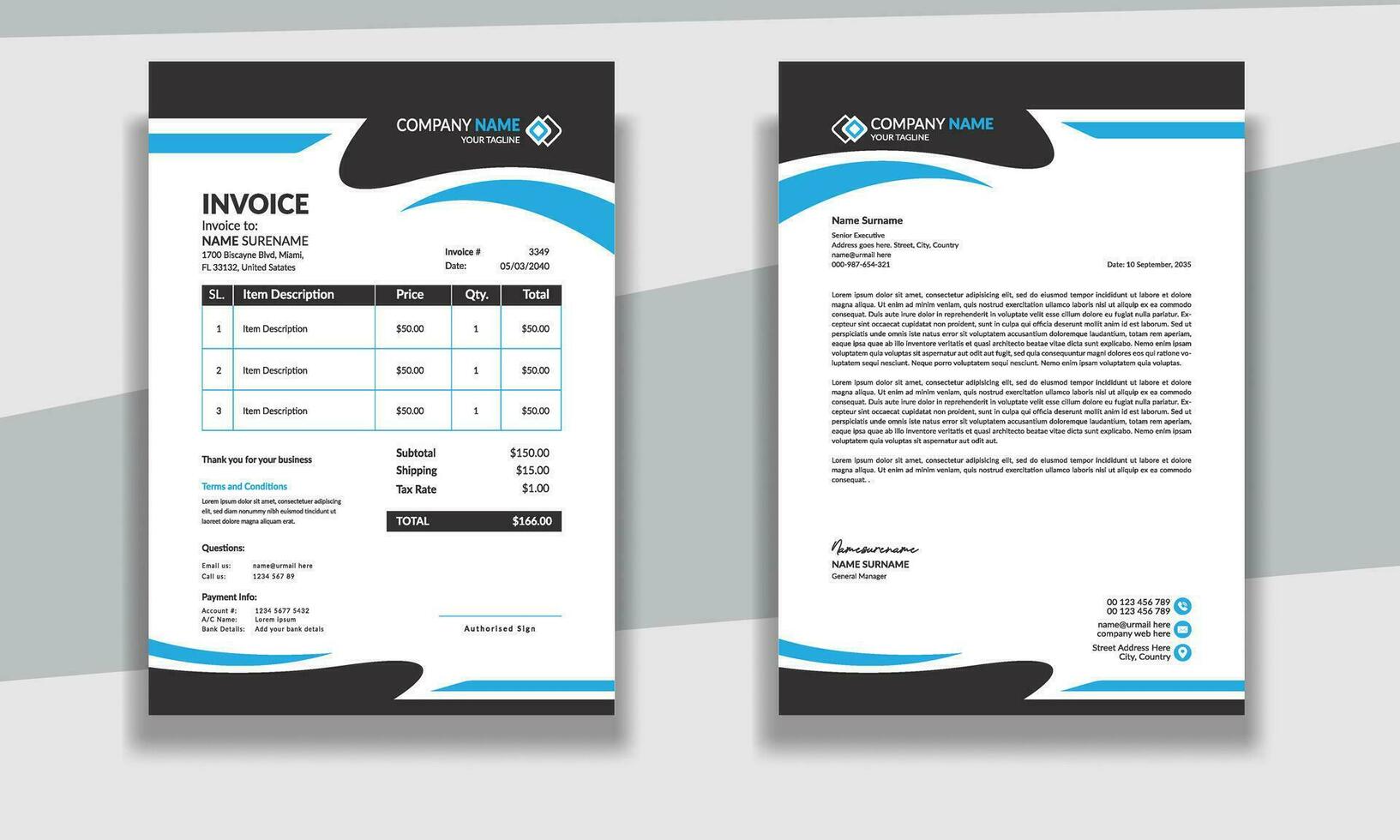 Professional Corporate modern clean Business stationery letterhead and invoice design template vector