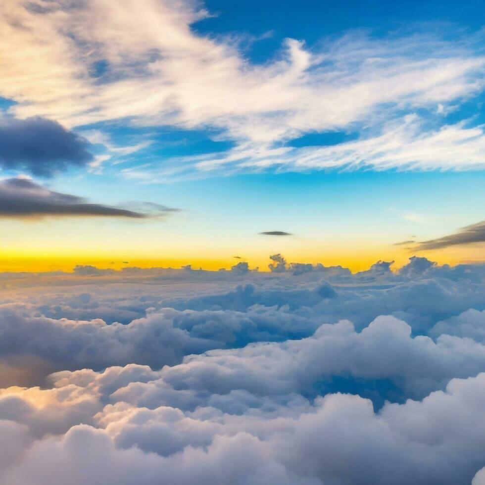 Dramatic white clouds and blue sky from airplane window view Colorful sunset cloudscape background. Generative AI photo