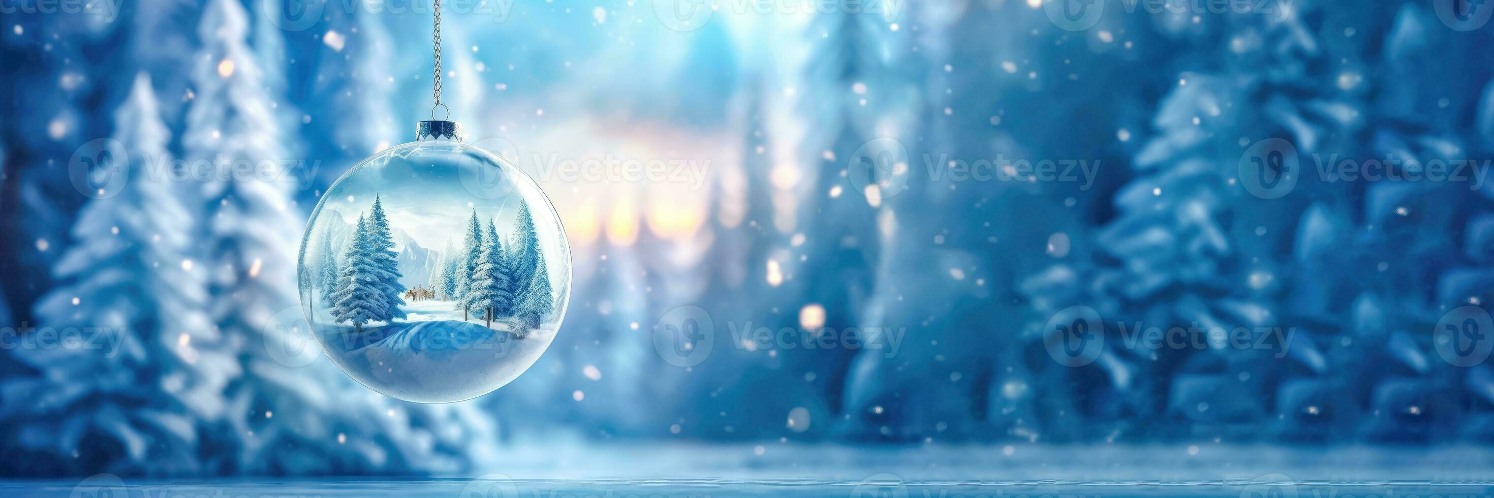 Glass Christmas Ball with Snow-Covered Christmas Trees - Generative AI photo
