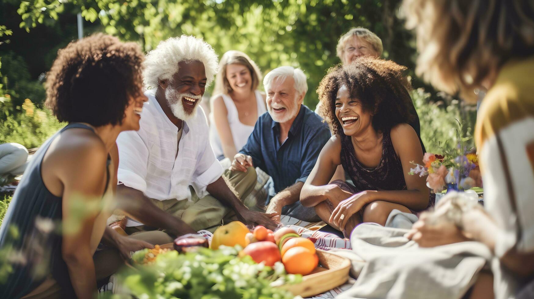 Happy senior diverse people sitting on blanket and having picnic in garden photo