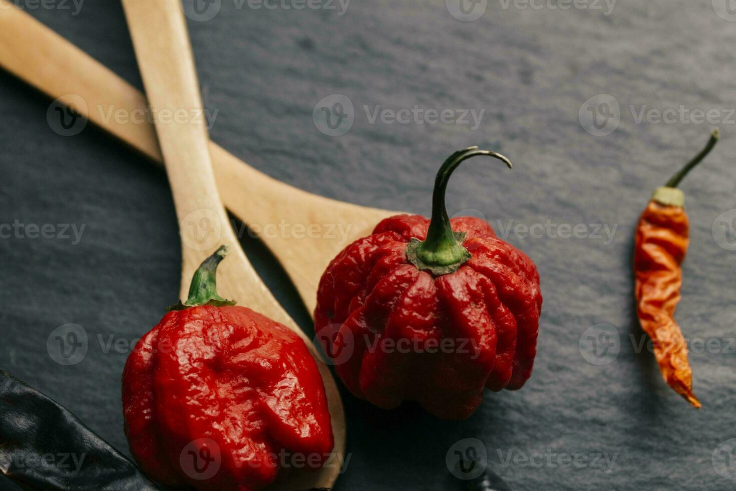 mas caliente pimienta en el mundo. trinidad escorpión marimacho, miles de veces más picante que la Habana. en negro pizarra fondo, con natural ligero. picante oscuro comida comida concepto. foto