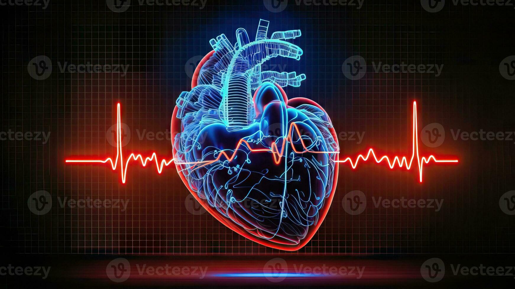 rojo resplandor cardiovascular concepto - humano corazón y neón cardiograma - generativo ai foto