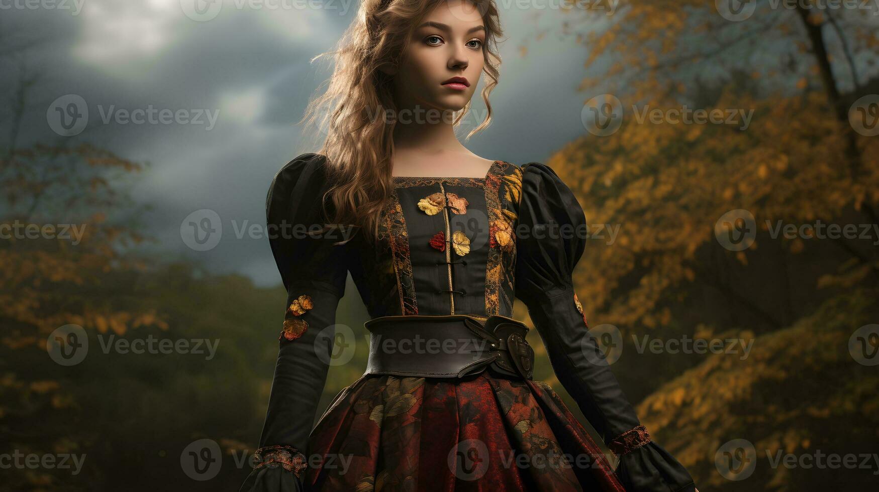 Photo of a woman in a beautiful dress standing amidst the serene beauty of a forest