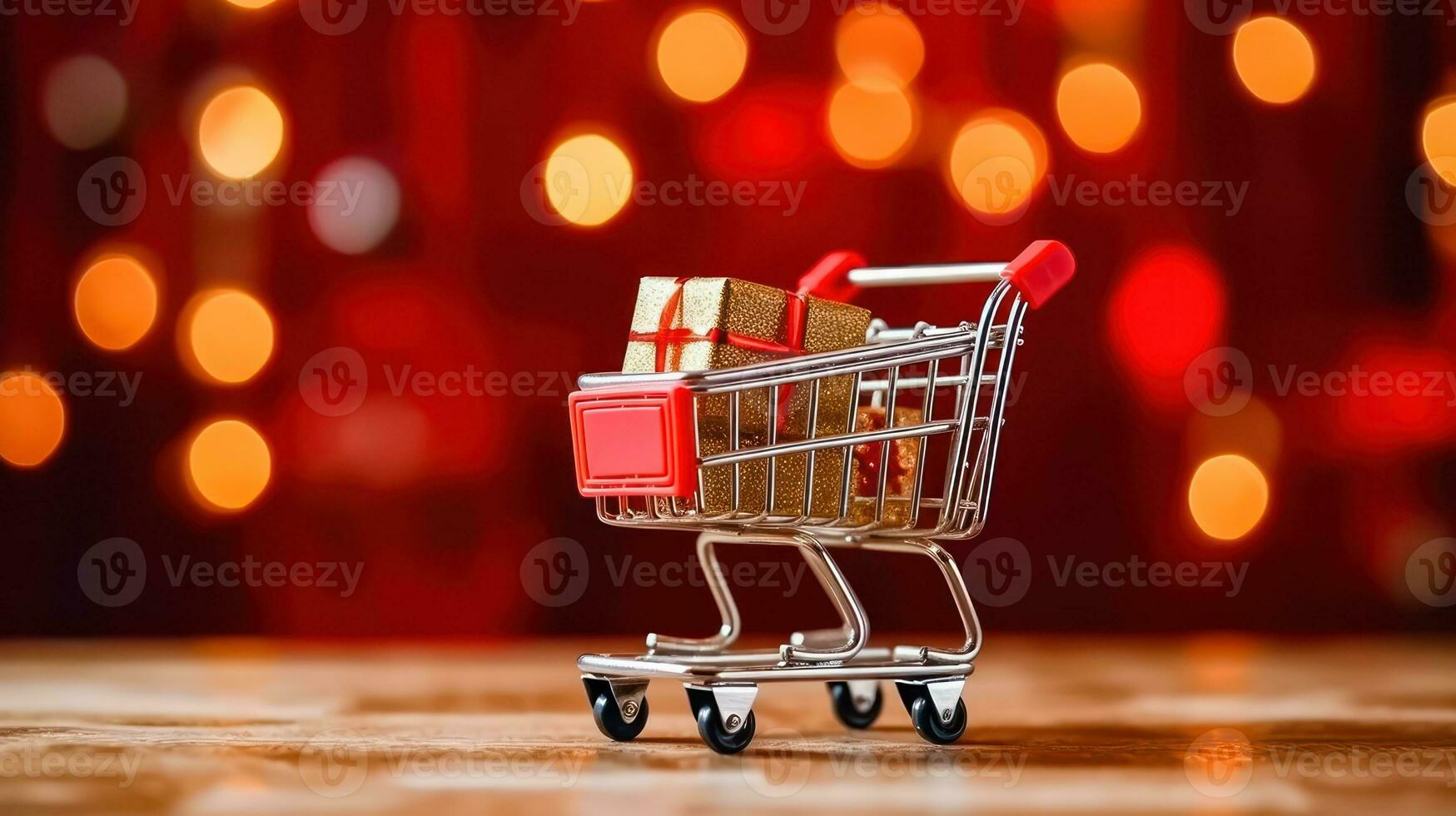 Joyful Holiday Shopping - Trolley Filled with Gifts and Bokeh - Generative AI photo