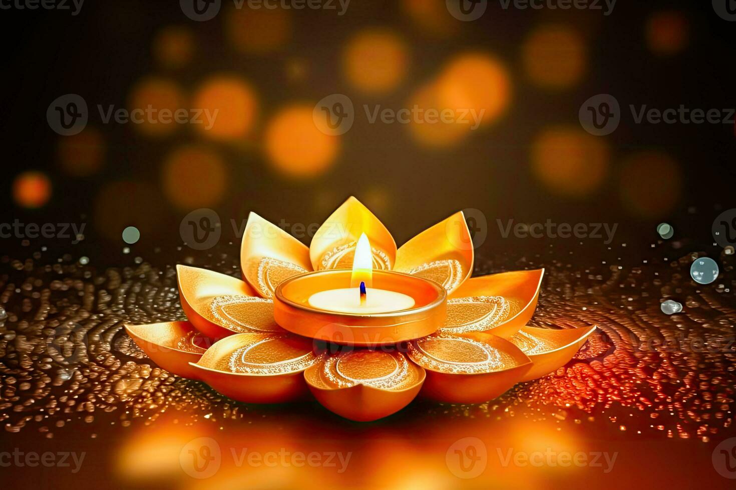 Glowing Diwali - Beautifully Decorated Oil Lamp in Bokeh Background - Generative AI photo