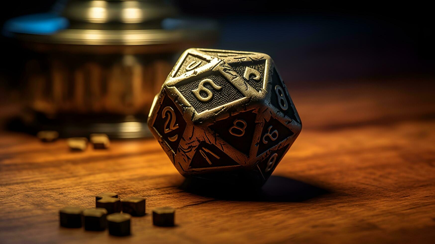 a set of metal dice and a metal dice tower photo