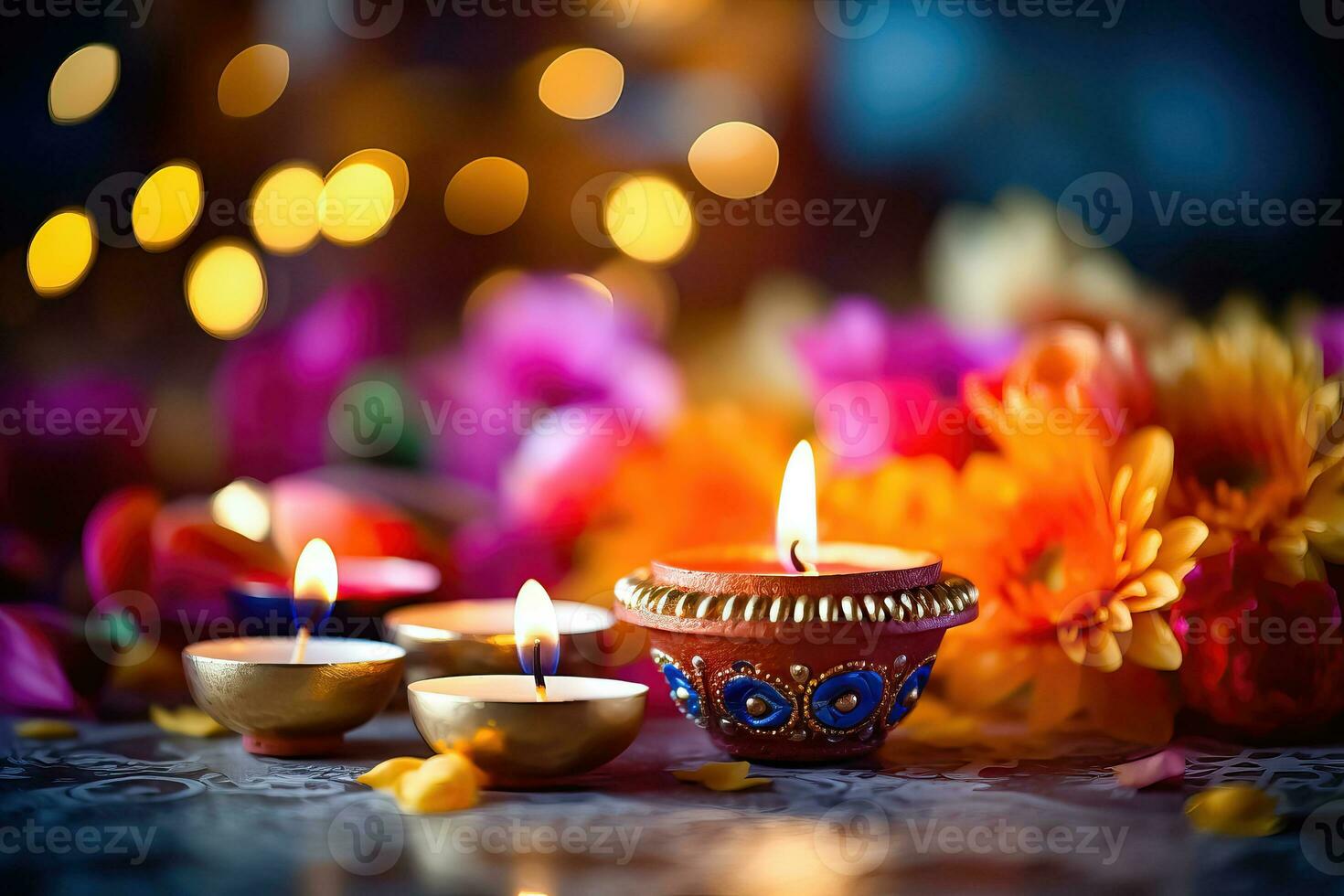 Festive Diwali - Beautifully Decorated Oil Lamp with Bokeh Lights - Generative AI photo
