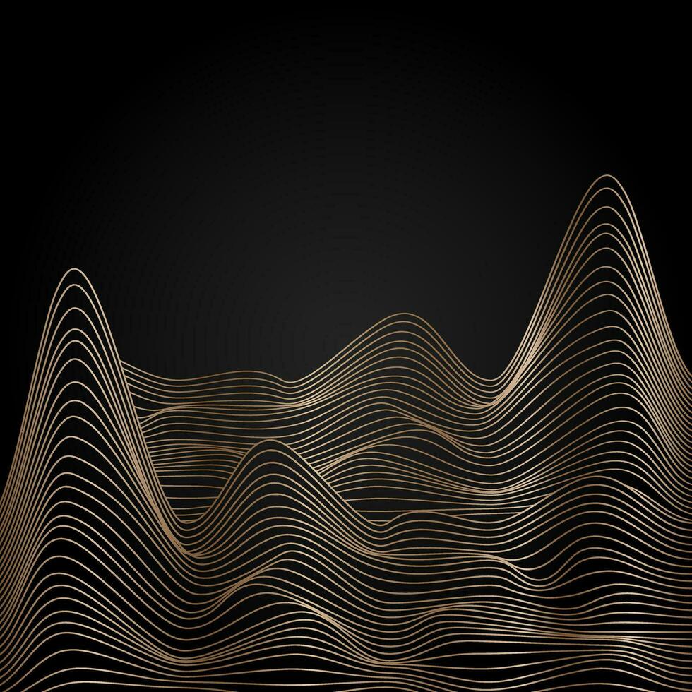 Golden linear abstract mountains on dark background, Moon over wavy linear hills backdrop. Asian motifs. Vector banner