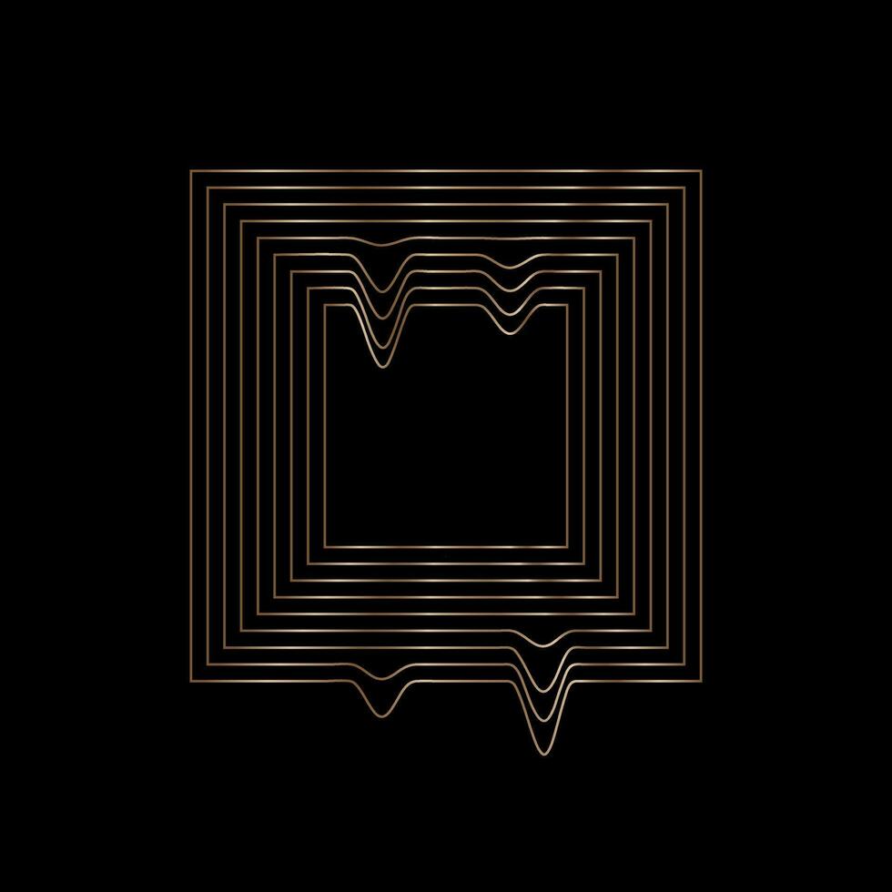 Square abstract gold frame, linear wavy geometric shape object on black background. Vector illustration