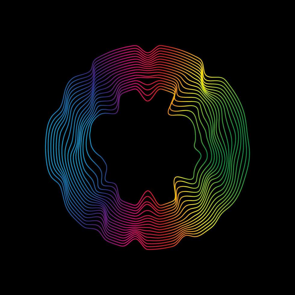 Sound waves rainbow circle shape. Abstract geometric linear wavy shape on black background. Vector icon