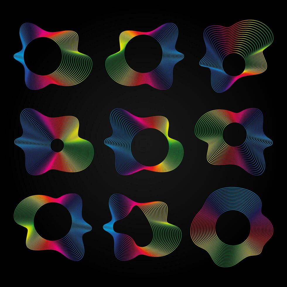 Voice music waves equalizer set, Abstract wavy rainbow radio wave icons on dark. Vector sound symbols