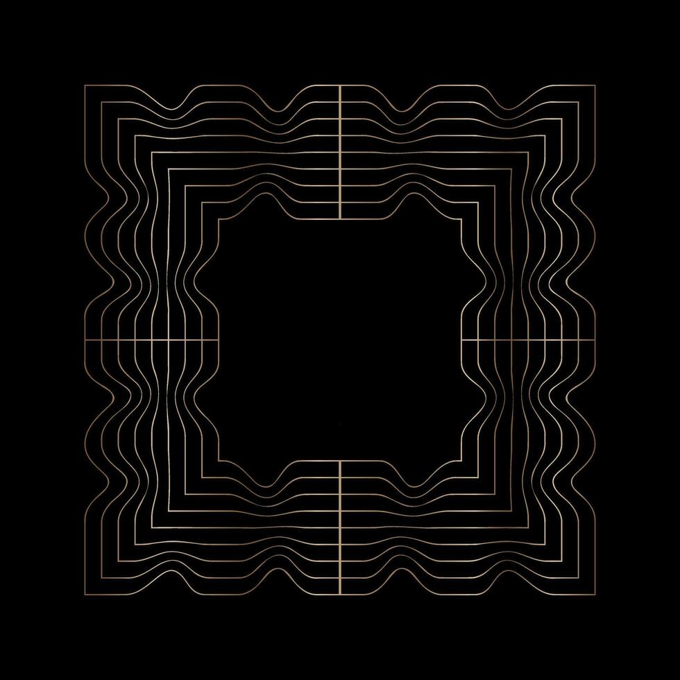 Square abstract gold frame, linear wavy geometric shape object on black background. Vector illustration