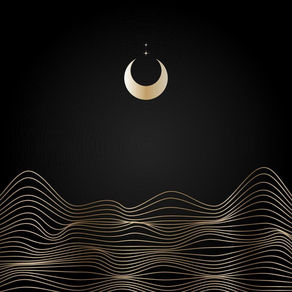 Golden linear abstract mountains on dark background, Moon over wavy linear hills backdrop. Asian motifs. Vector banner