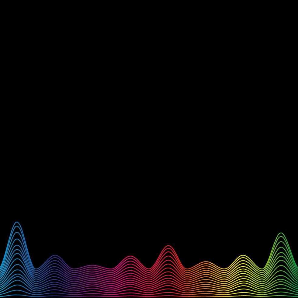 Rainbow waves line border, template banner latest technology sound vibrations on black. Vector illustration