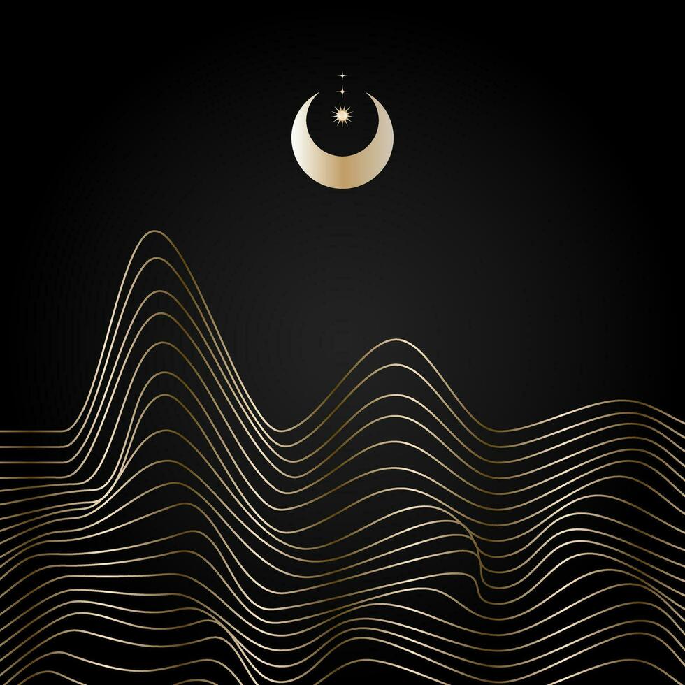 Golden linear abstract mountains on dark background, Moon over wavy linear hills backdrop. Asian motifs. Vector banner