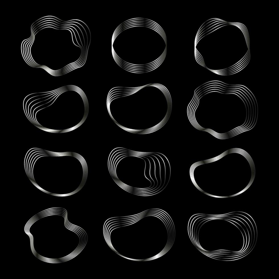 Set of oval wavy silver frames on a black background, art deco silver elements. Vector of abstract linear objects