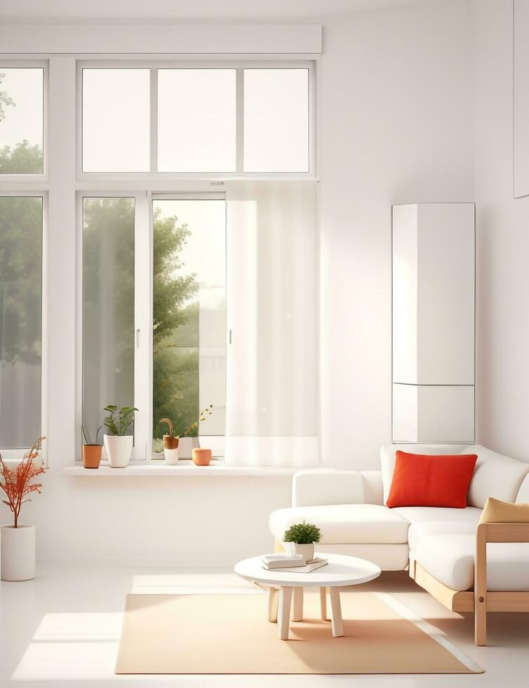 A white couch with orange pillows in a room with windows. Generative AI photo