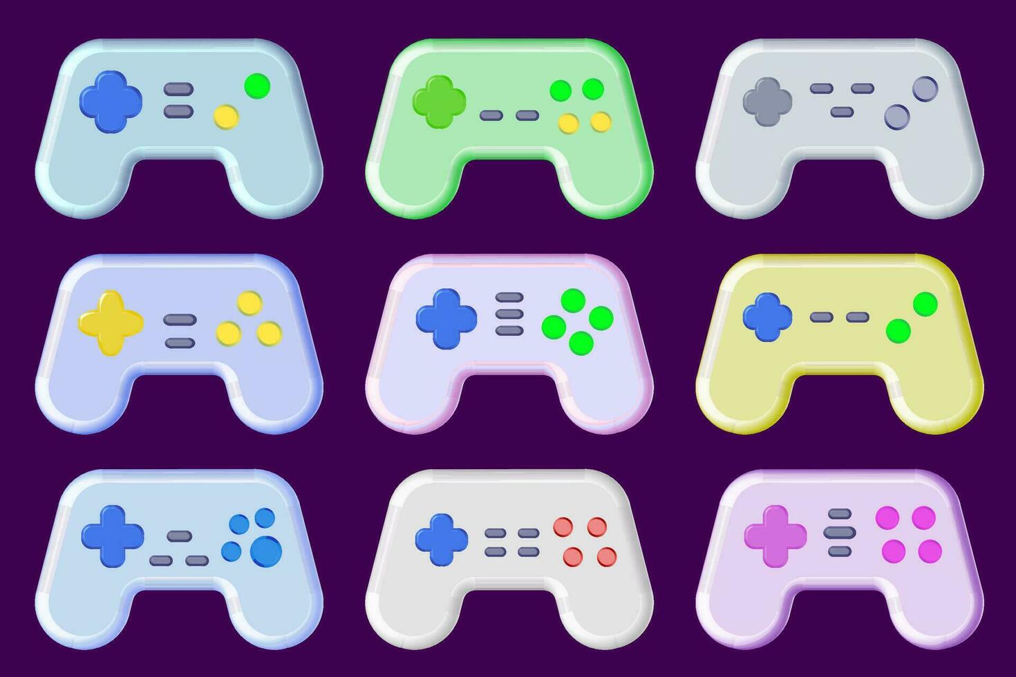 Cartoonish gamepad collection with different button layout. Colorful video game controller designs. vector