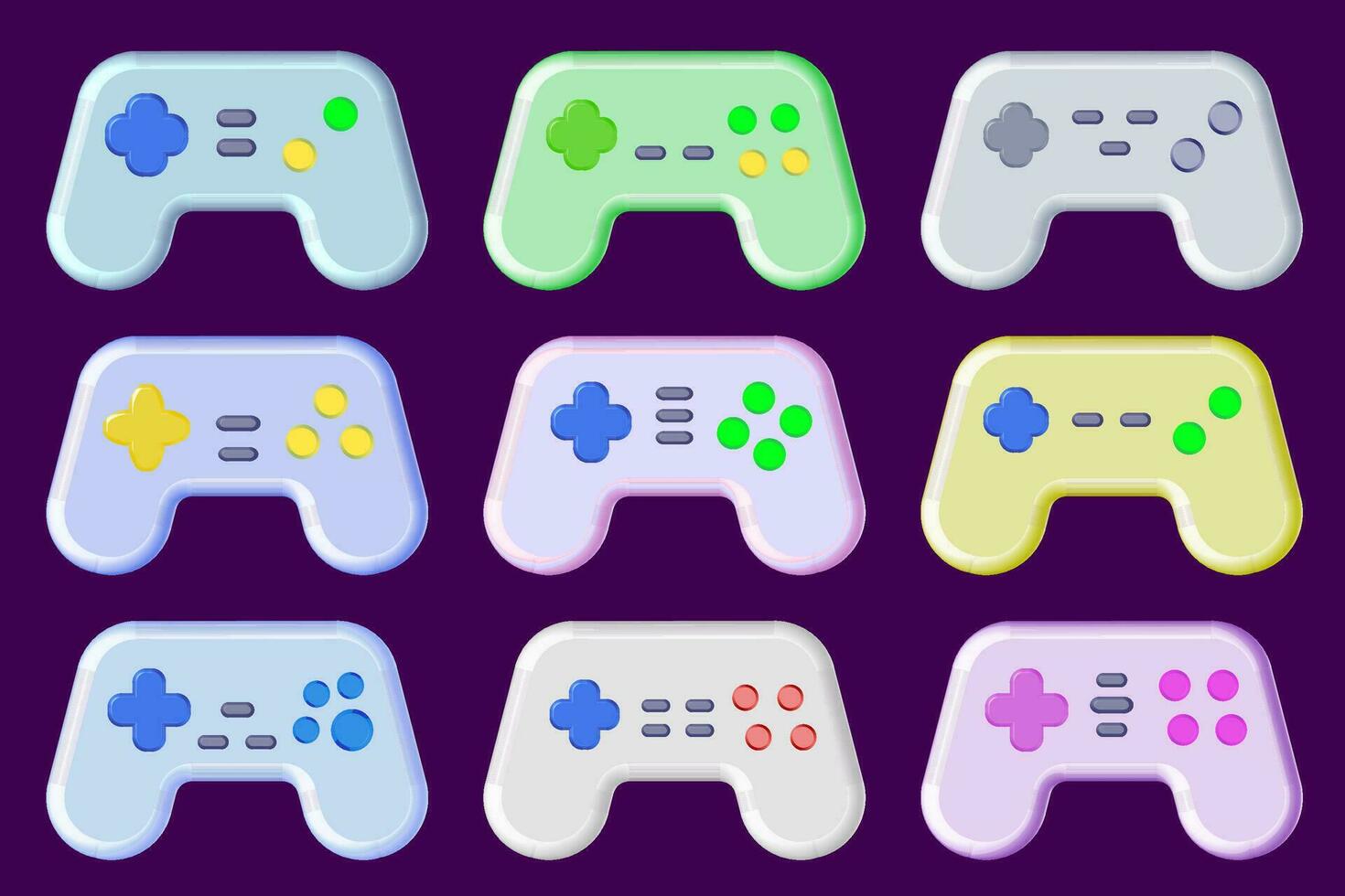 caricaturesco gamepad colección con diferente botón disposición. vistoso vídeo juego controlador diseños vector