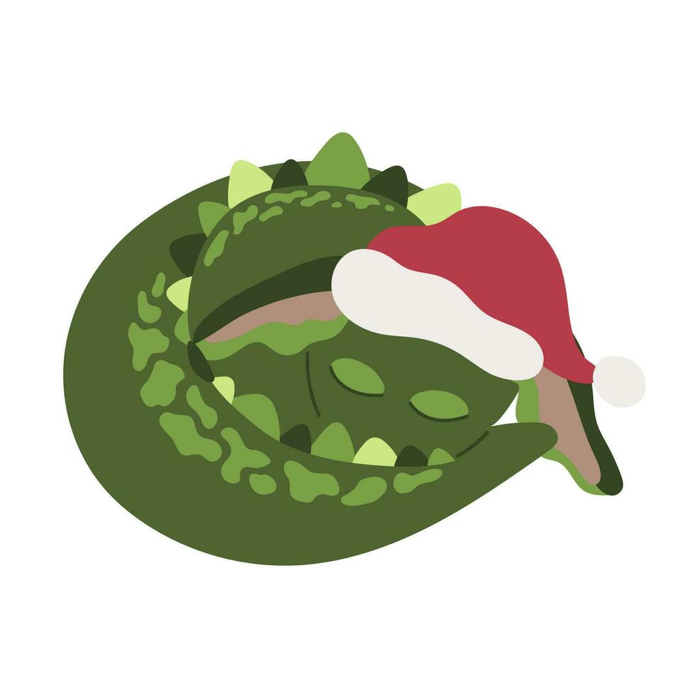 Green dragon symbol of 2024 sleep in christmas santa hat. Holiday postcard. Chinese New Year vector