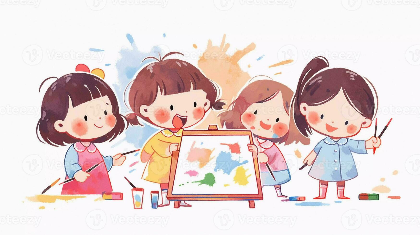 A group of cute preschool girl painting on the wall at the art class. Children's book cute image cartoon character. School activity. photo