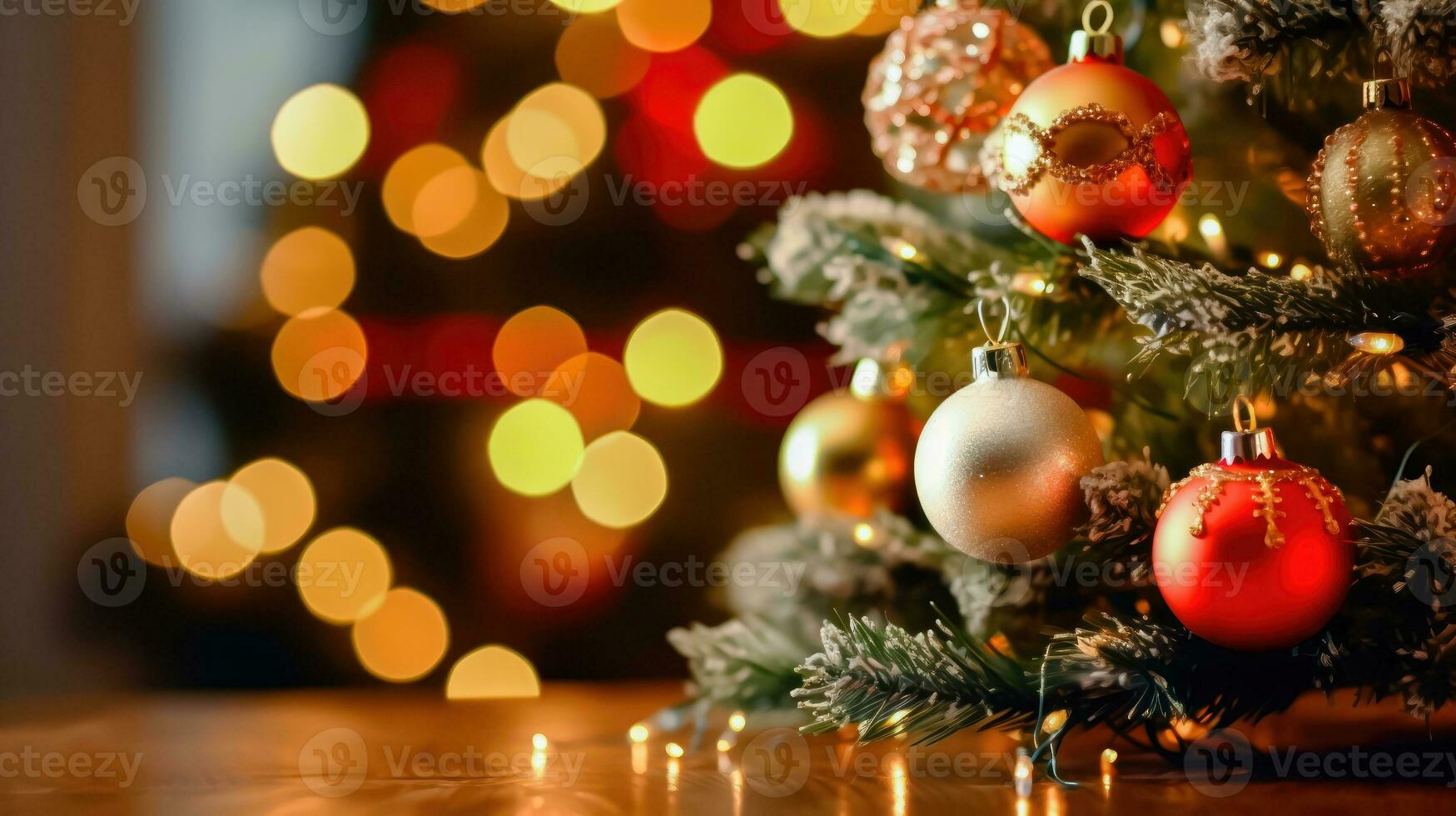 Elegant Christmas Tree Decorations on Blurred Bokeh Background - Generative AI photo