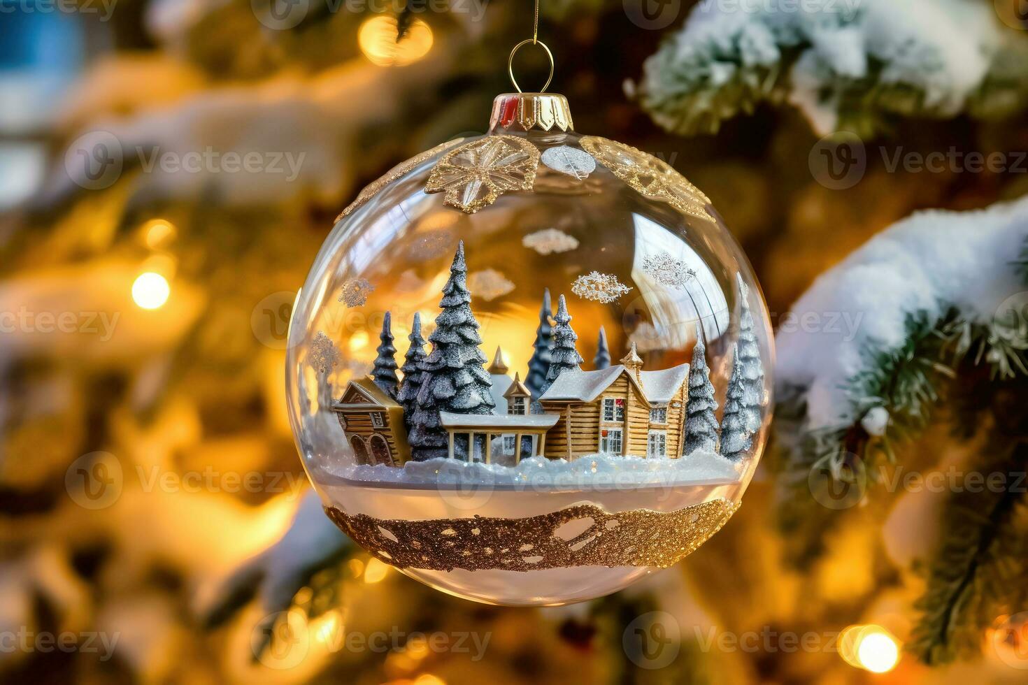 Crystal Clear Christmas Decor - Tree Bokeh Backdrop - Generative AI photo