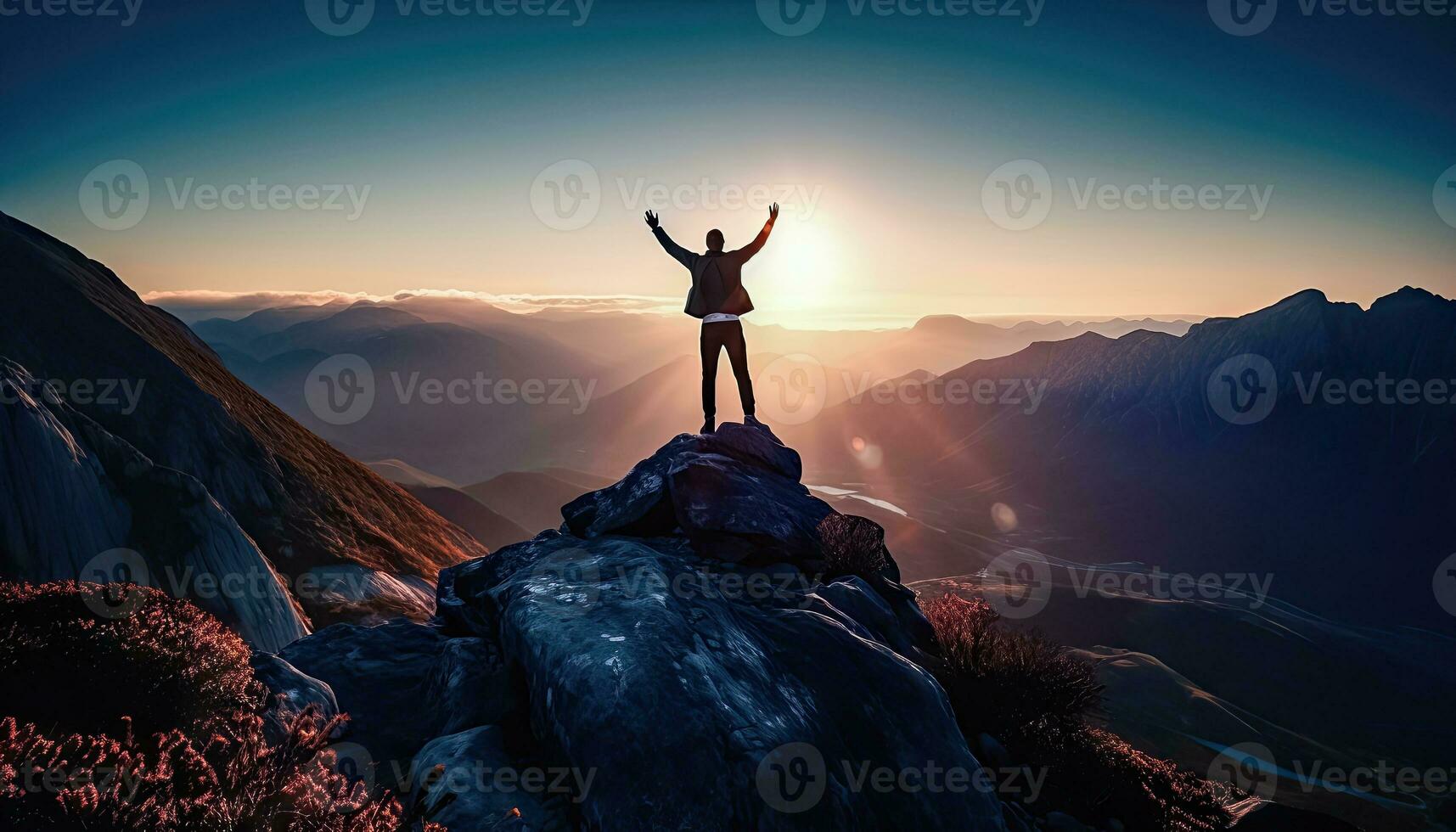 Elevated Success - Human Figure on Mountain Summit with Raised Hands - Generative AI photo