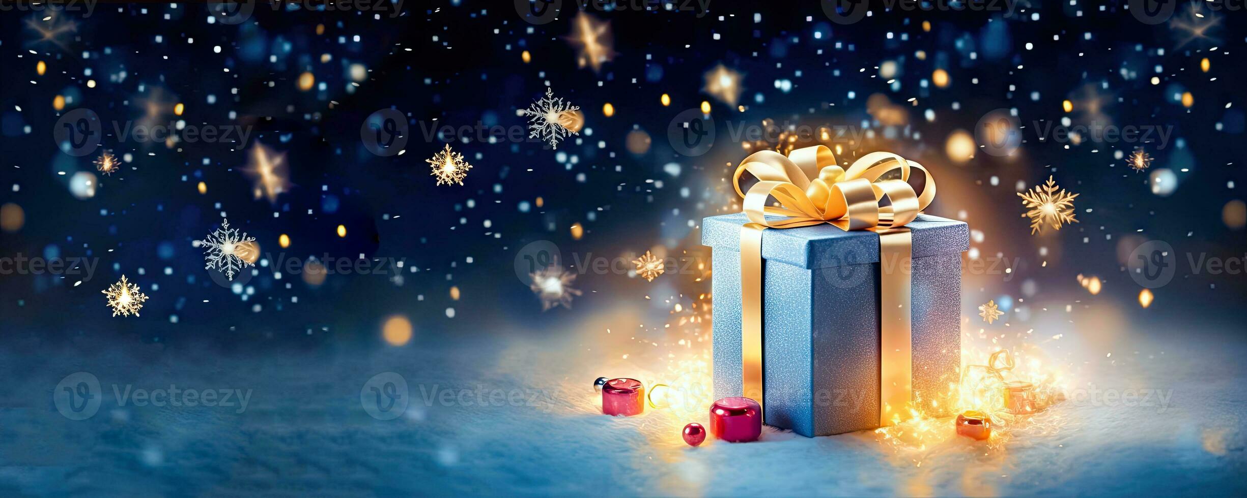 Holiday Greetings and Savings - Gift Box on Bokeh Banner - Generative AI photo