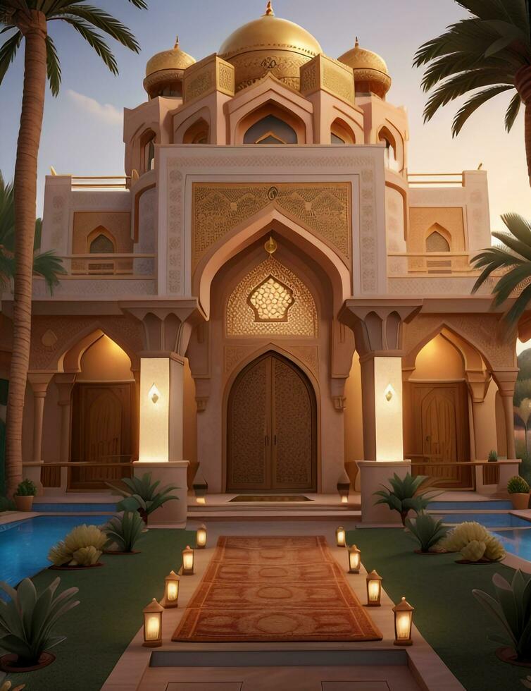 Realistic Arab style villa with realistic professional faade lighting is the subject Generative AI photo