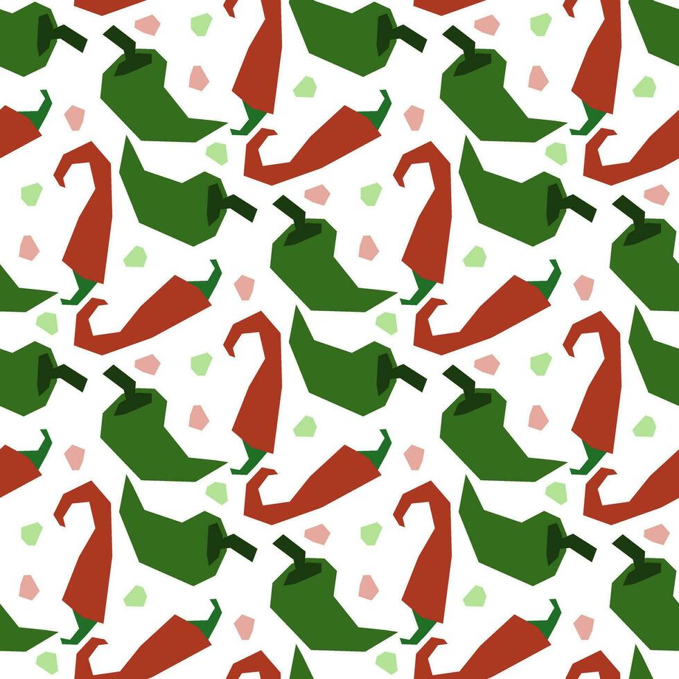 Seamless pattern of colored jalapeno and chili peppers with seeds in vector. Hand-drawn illustrations in green and red. Pepper drawings. Vegan wallpaper. Culinary education. Farmer's Harvest vector