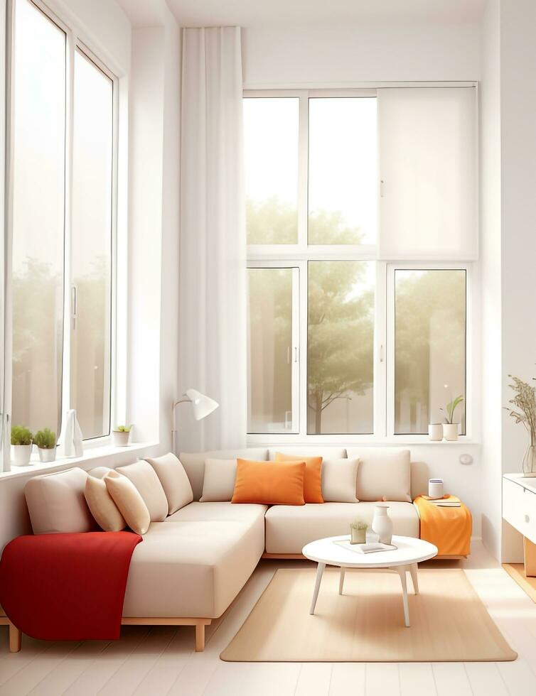 A white couch with orange pillows in a room with windows. Generative AI photo