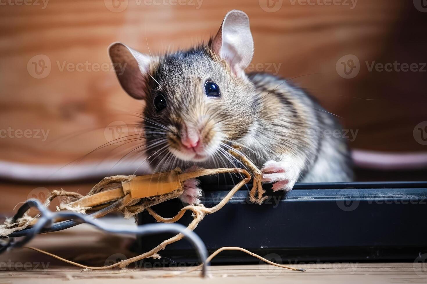 Rodent Trouble - Gray Mouse Chewing on Electrical Wires - photo