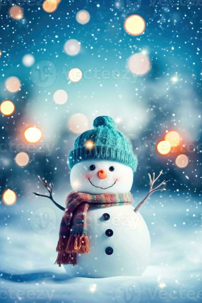 Adorable Snowman in Bokeh Wonderland - Generative AI photo