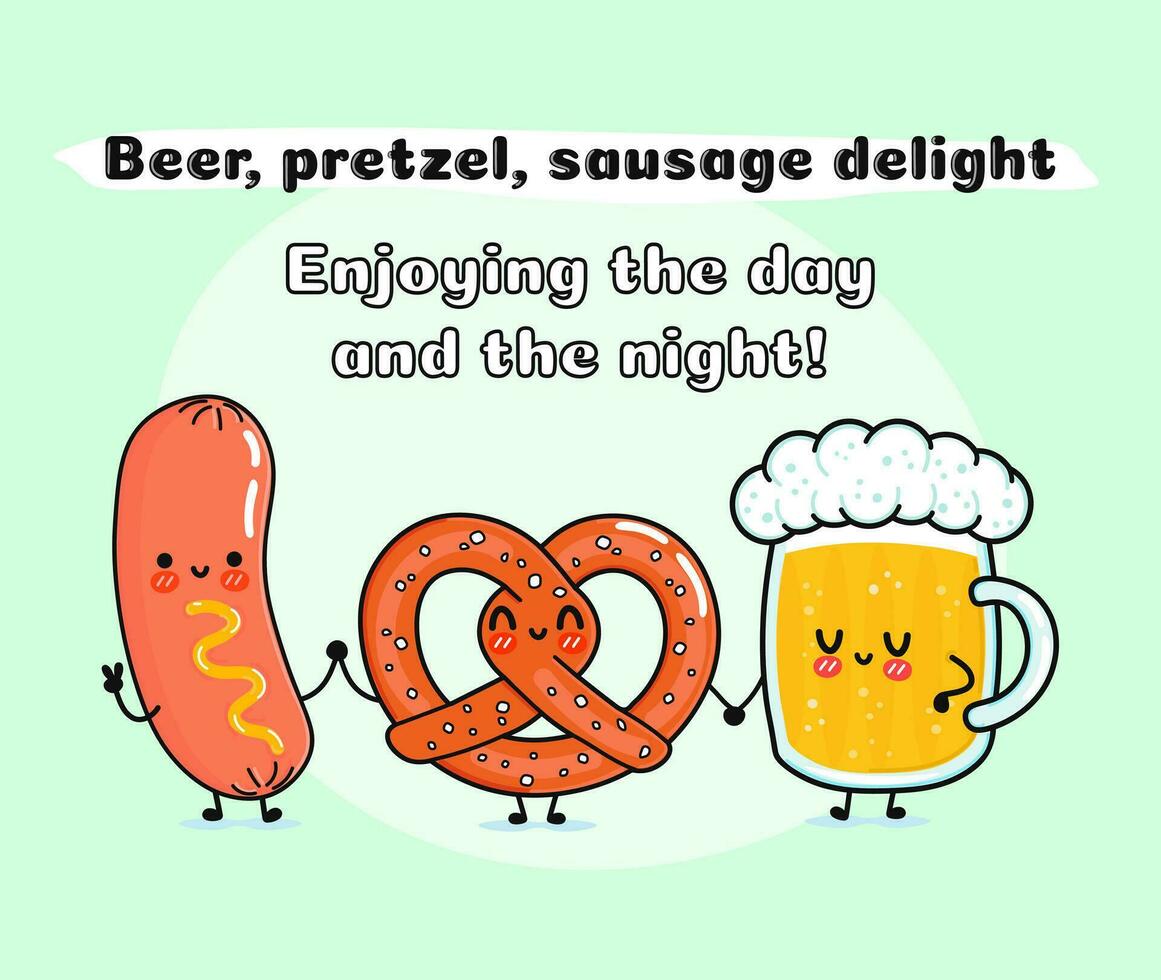 Cute, funny happy glass of beer, pretzel and sausage with mustard. Vector hand drawn cartoon kawaii characters, illustration. Funny cartoon glass of beer, pretzel and sausage mustard mascot friends