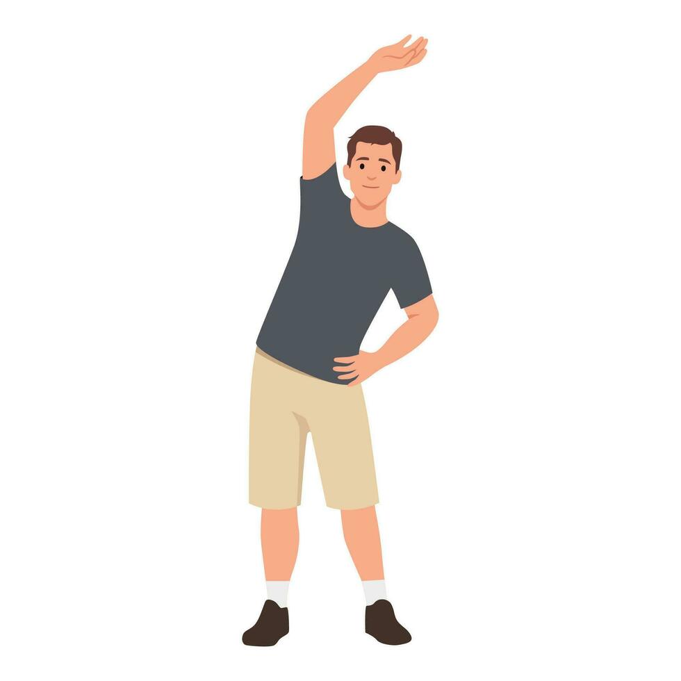 Stay home, keep fit and positive. Man doing side bends, stretching. Sport exercise, fitness workout. Physical activity, healthy lifestyle concept. vector