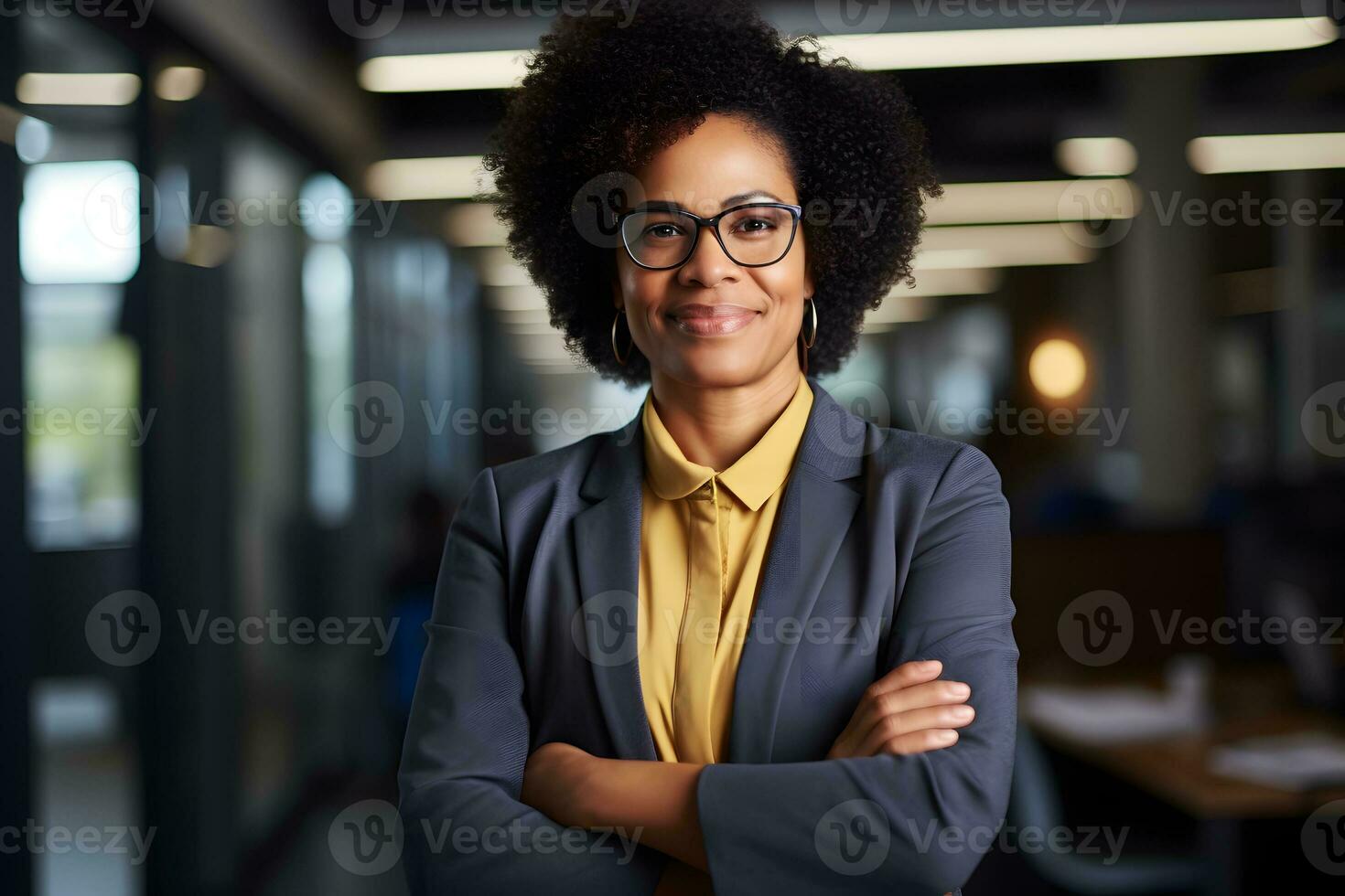 Happy middle aged business afro woman ceo standing in office arms crossed. photo