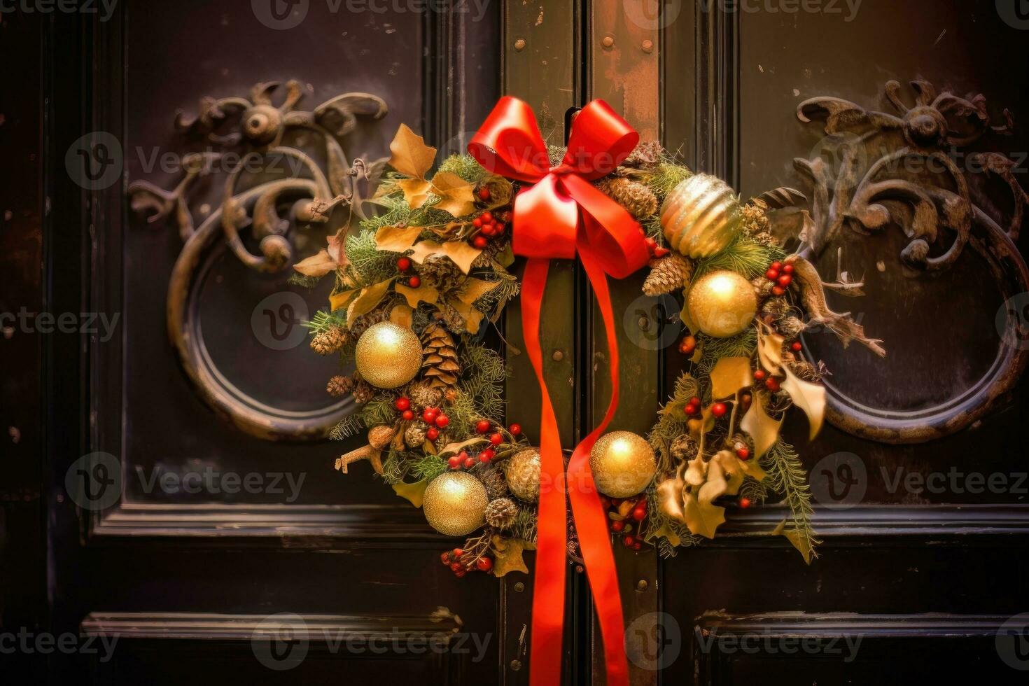 Christmas Door Wreath with Seasonal Accents - Generative AI photo