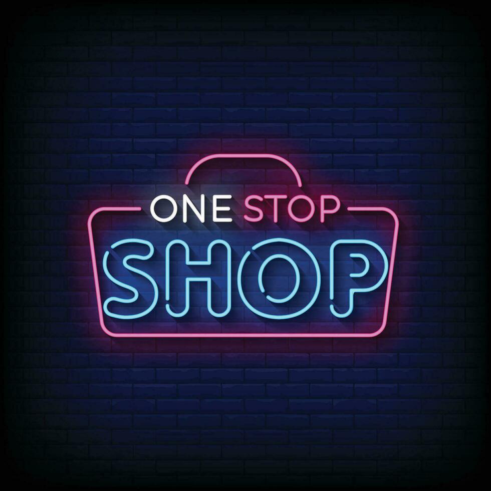 Neon Sign one stop shop with brick wall background vector