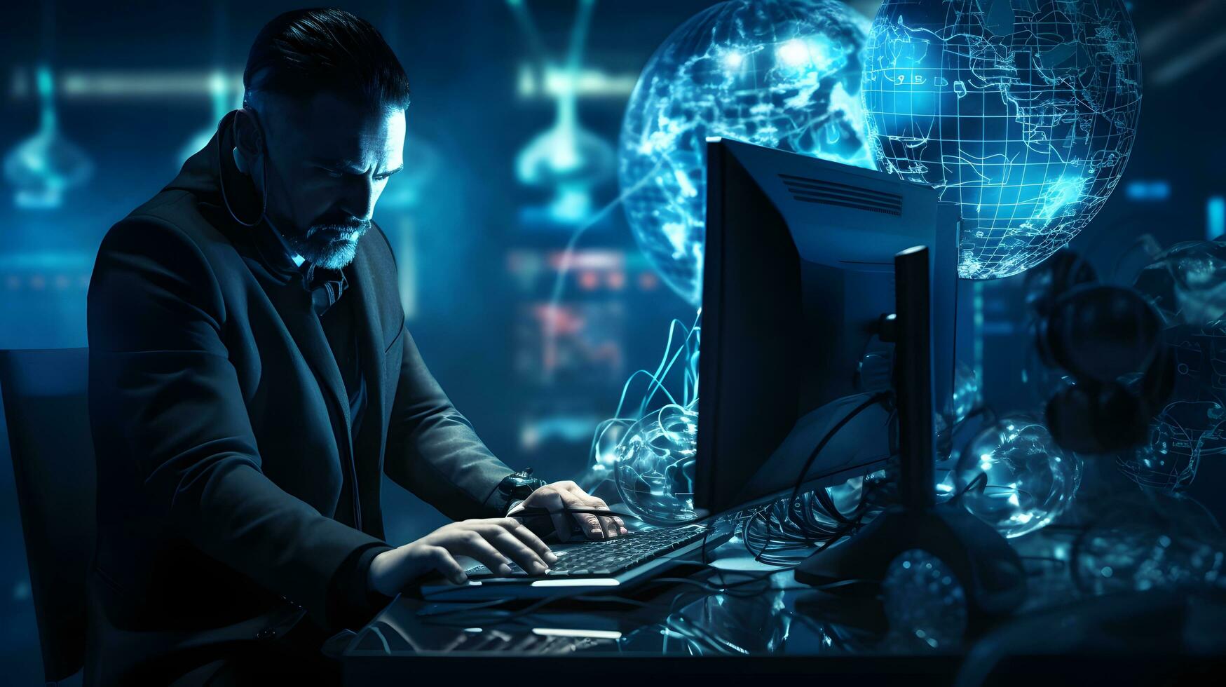 security analyst trying fighting cyber crime. Cyber hacker with computer. photo