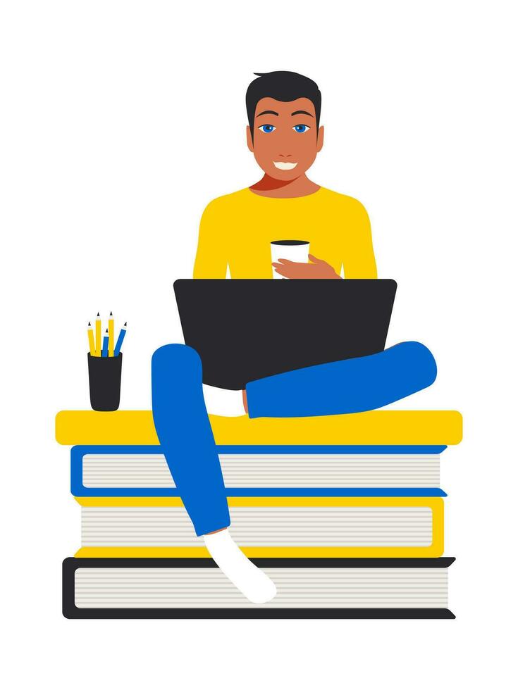 Ukrainian purposeful student sits on a stack of books with a laptop. Online education concept in blue and yellow colors. Vector. vector